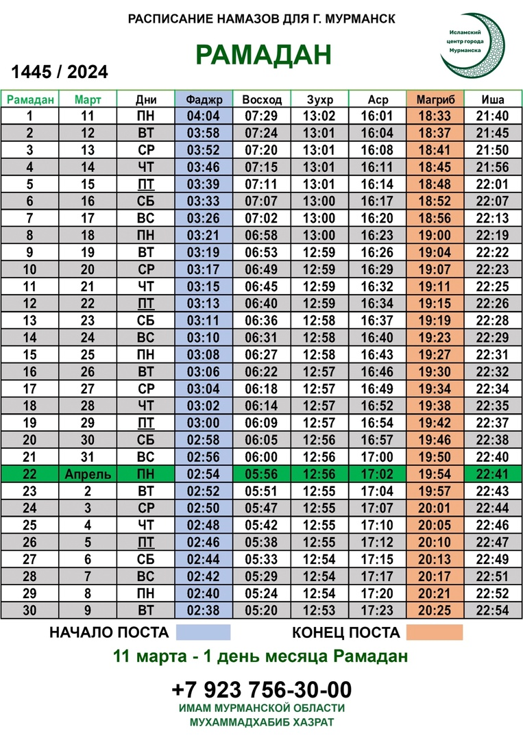 Известно расписание намазов на Рамадан в Мурманске | 12.03.2024 | Мурманск  - БезФормата